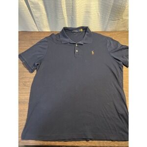 Polo Ralph Lauren Men's Large Classic Fit Soft Cotton Polo Shirt Navy Flesh Pony